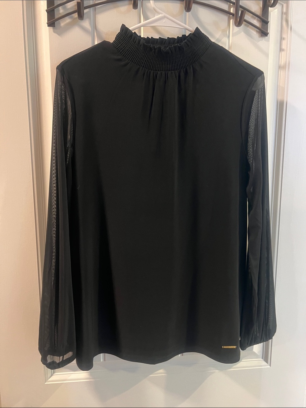 Anne Klein Black Long-Sleeve Mock Neck Top with Sheer Sleeves
